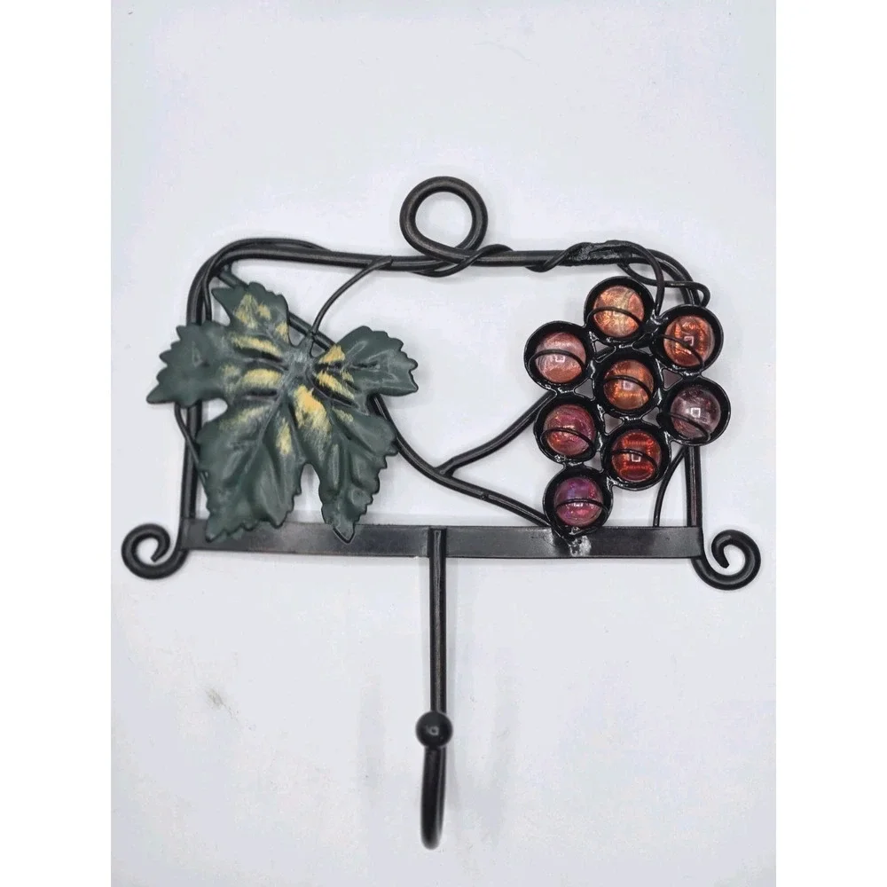 Two Vintage Metal Wall Mounted Racks with Hooks - Marble Grapes & Vine Design